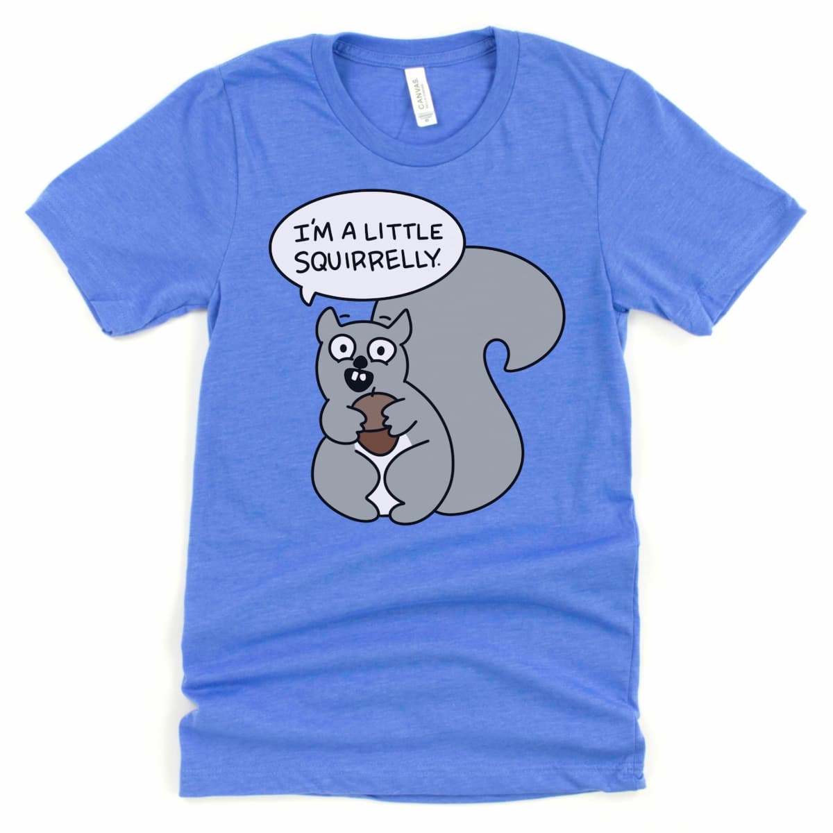 Heather Columbia blue squirrel shirt with cartoon squirrel holding acorn saying "I'm a little squirrelly" – Kalirally