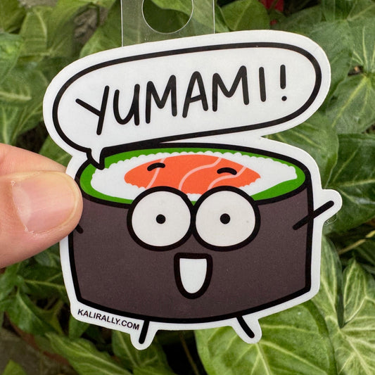 Playful water bottle sticker with cartoon sushi – “Yumami!” decal for water bottles and laptops by Kalirally