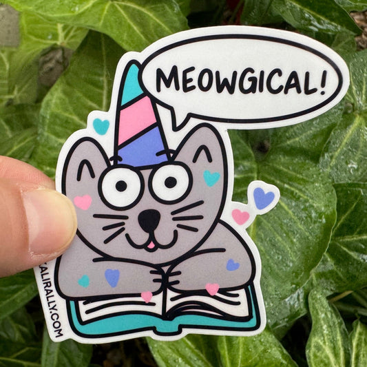 Vinyl Cat Reading Sticker – “Meowgical” fantasy book decal by Kalirally.