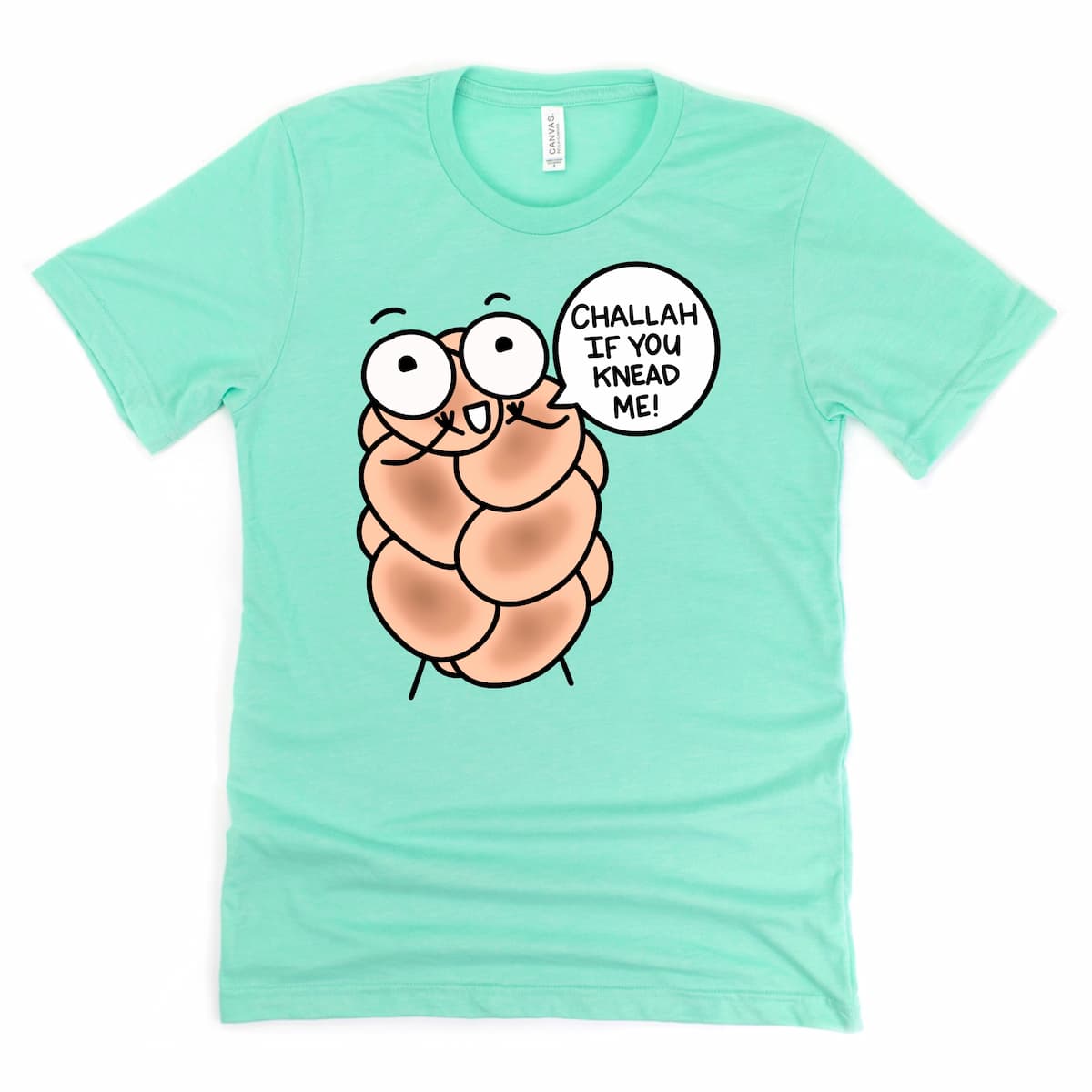 Challah Shirt in Heather Mint Green with cartoon challah loaf pun design by Kalirally