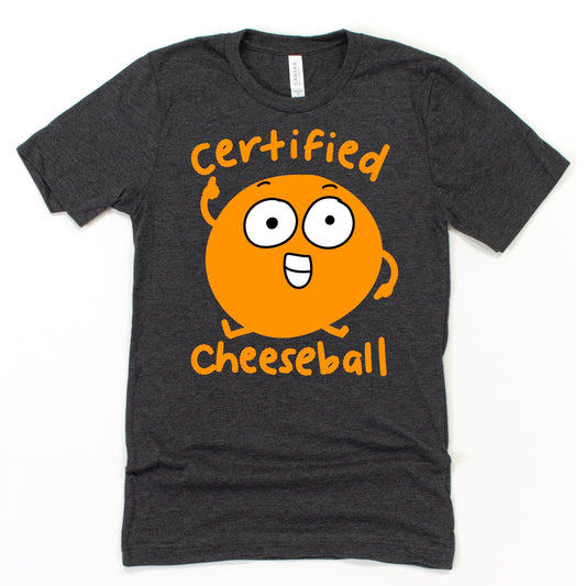 Cheeseball Shirt in Heather Dark Grey featuring cartoon cheese puff with a goofy grin, perfect for snack lovers and dad joke fans, by Kalirally
