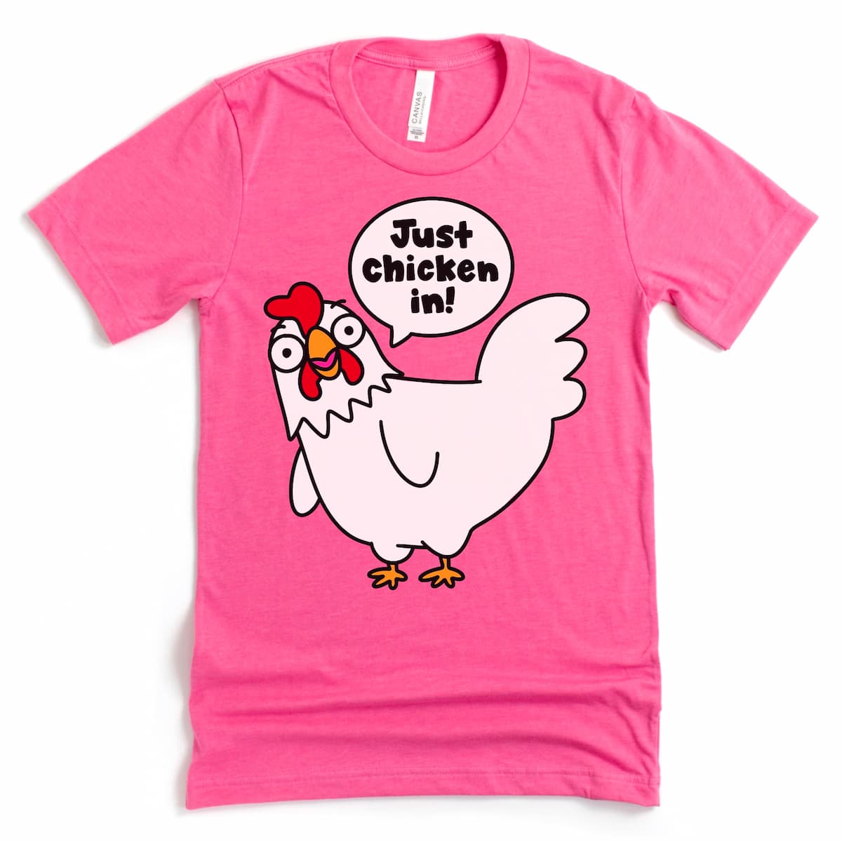 Heather charity pink chicken t shirt with pun – Just Chicken In design by Kalirally