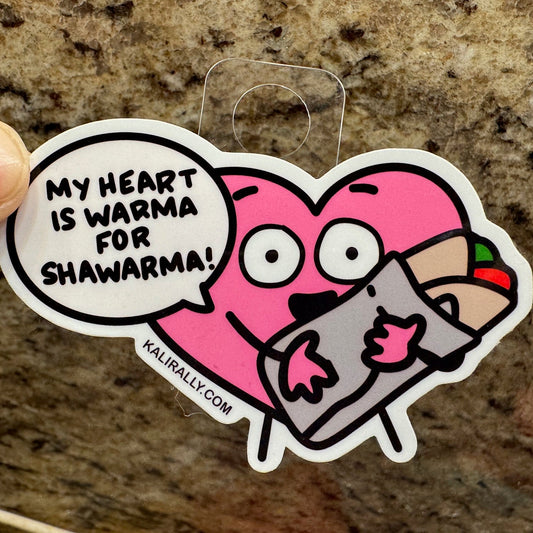 Chicken Shawarma Sticker by Kalirally featuring a smiling cartoon shawarma wrap with the pun “My Heart is Warma for Shawarma.” Waterproof vinyl food sticker for shawarma fans.