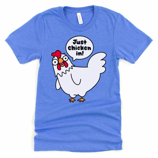Just Chicken In farm chicken shirt in heather Columbia blue with cute chicken graphic – Kalirally
