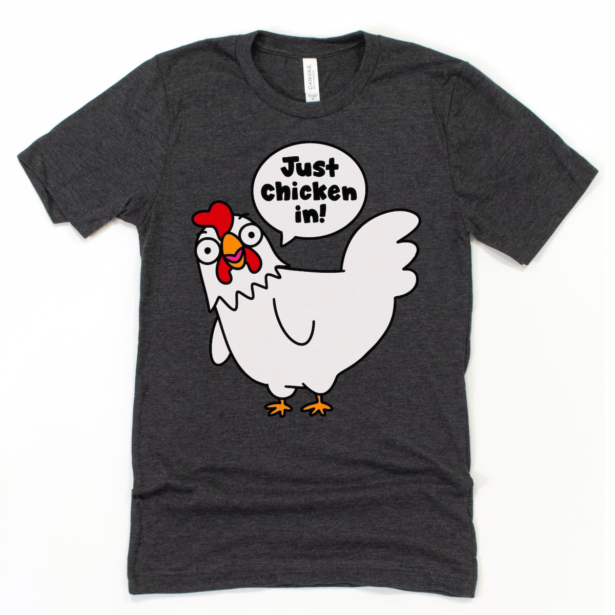 Heather dark grey chicken shirt with humorous farm pun – Just Chicken In by Kalirally