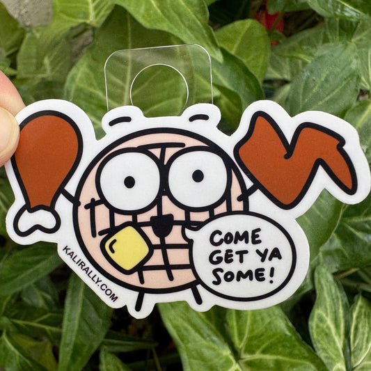 Cartoon chicken and waffles sticker with phrase “Come get ya some!” fun foodie decal, by Kalirally.