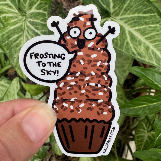 Cartoon Chocolate Cupcake Sticker with tall frosting swirl and playful design, by Kalirally.