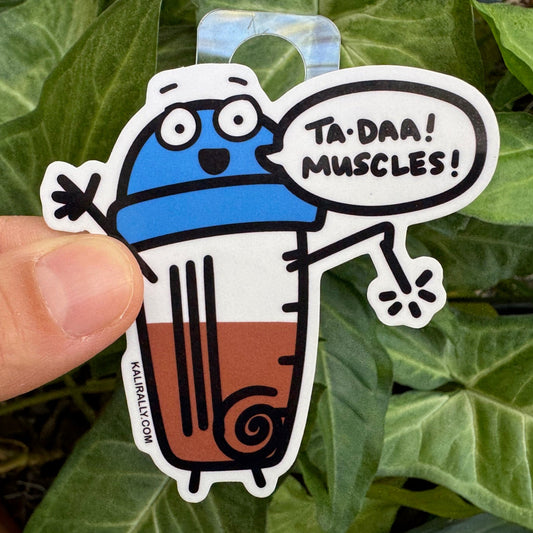 Vinyl Chocolate Protein Shake Sticker – fun cartoon gym decal perfect for water bottles, shaker cups, or laptops by Kalirally.