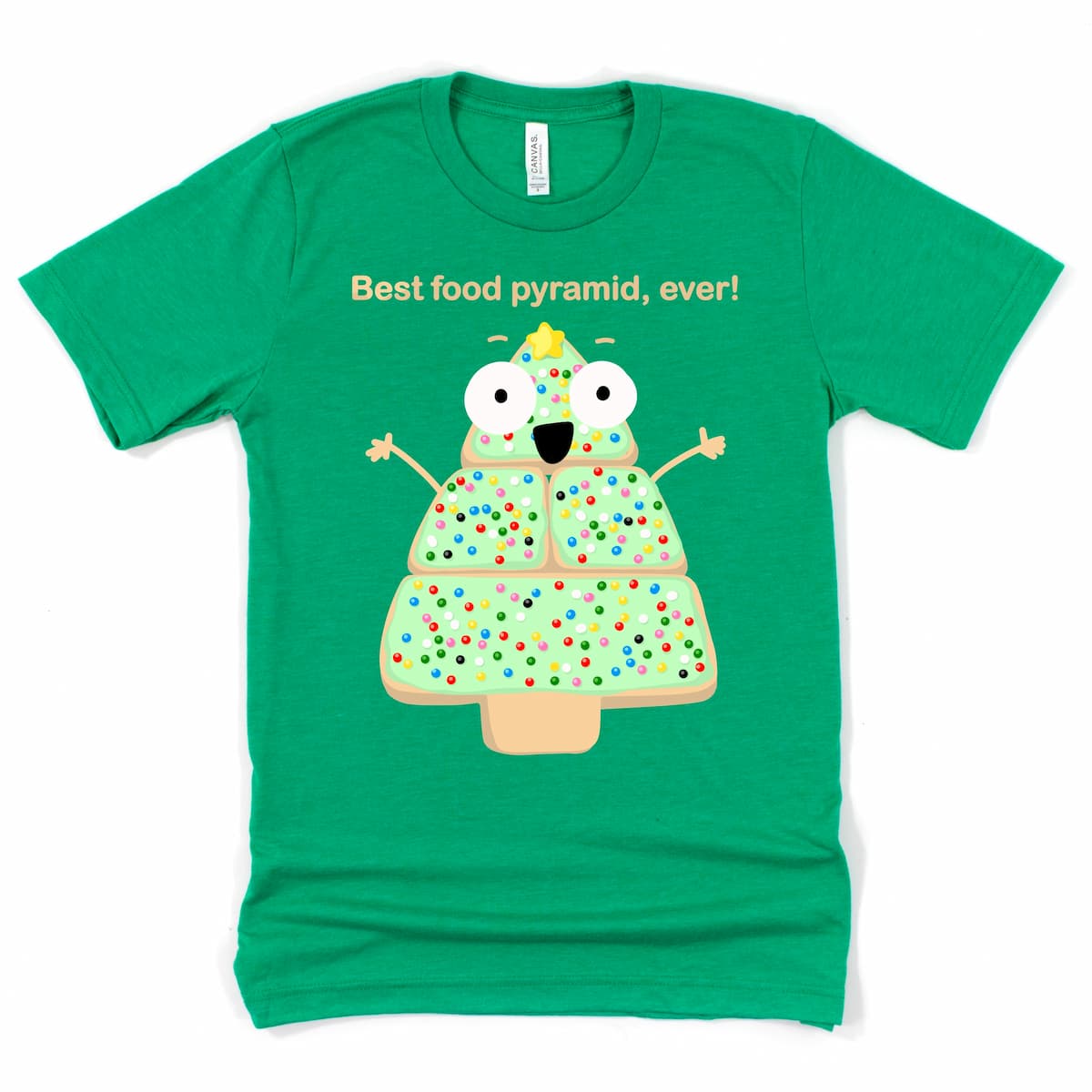 Heather Kelly Green Christmas Cookie Shirt with frosted cookie character saying “Best Food Pyramid, Ever!” by Kalirally