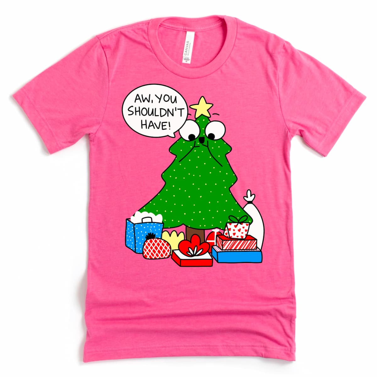 Heather Charity Pink Christmas Tree Shirt with festive cartoon tree and funny Christmas message by Kalirally