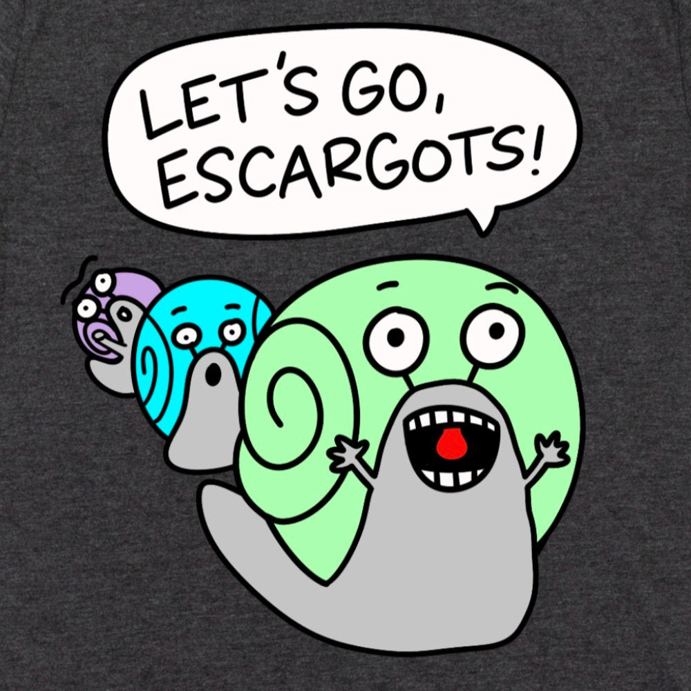 Close-up of snail pun shirt design, “Let’s Go, Escargots!” with three cartoon snails on dark grey tee by Kalirally
