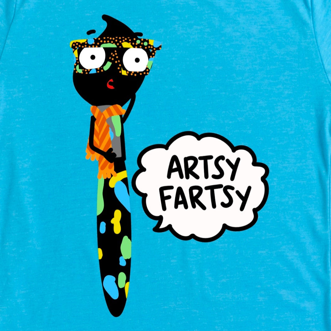 Close-up of Artsy Fartsy Shirt design in Heather Aqua with cartoon paintbrush and “Artsy Fartsy” pun, by Kalirally