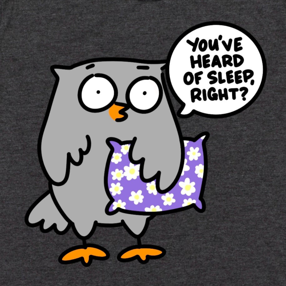 Close-up of Heather Dark Grey Bedtime Shirt featuring cartoon owl saying “You’ve Heard of Sleep, Right?” sleep humor graphic by Kalirally