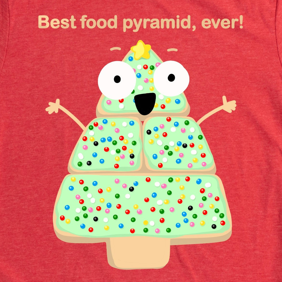 Close-up of Heather Red Christmas Cookie Shirt showing frosted cookie character and “Best Food Pyramid, Ever!” graphic by Kalirally