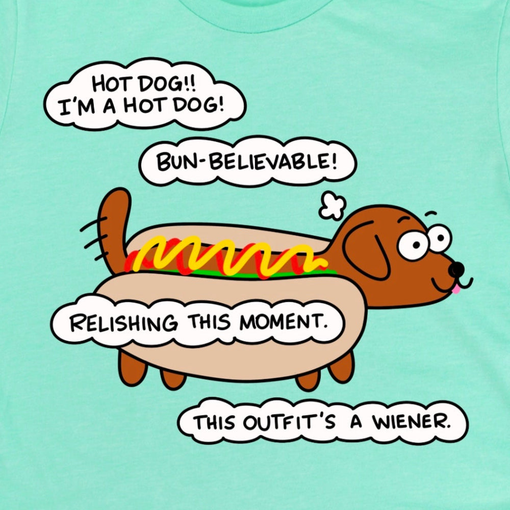 Close-up view of Heather Mint Green dachshund hot dog cartoon shirt showing playful dog design, by Kalirally