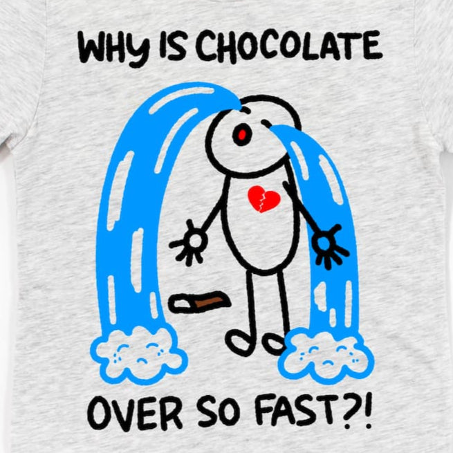 Close-up of Funny Chocolate Shirt in Athletic Grey showing cartoon chocolate bar design with cheerful grin, by Kalirally