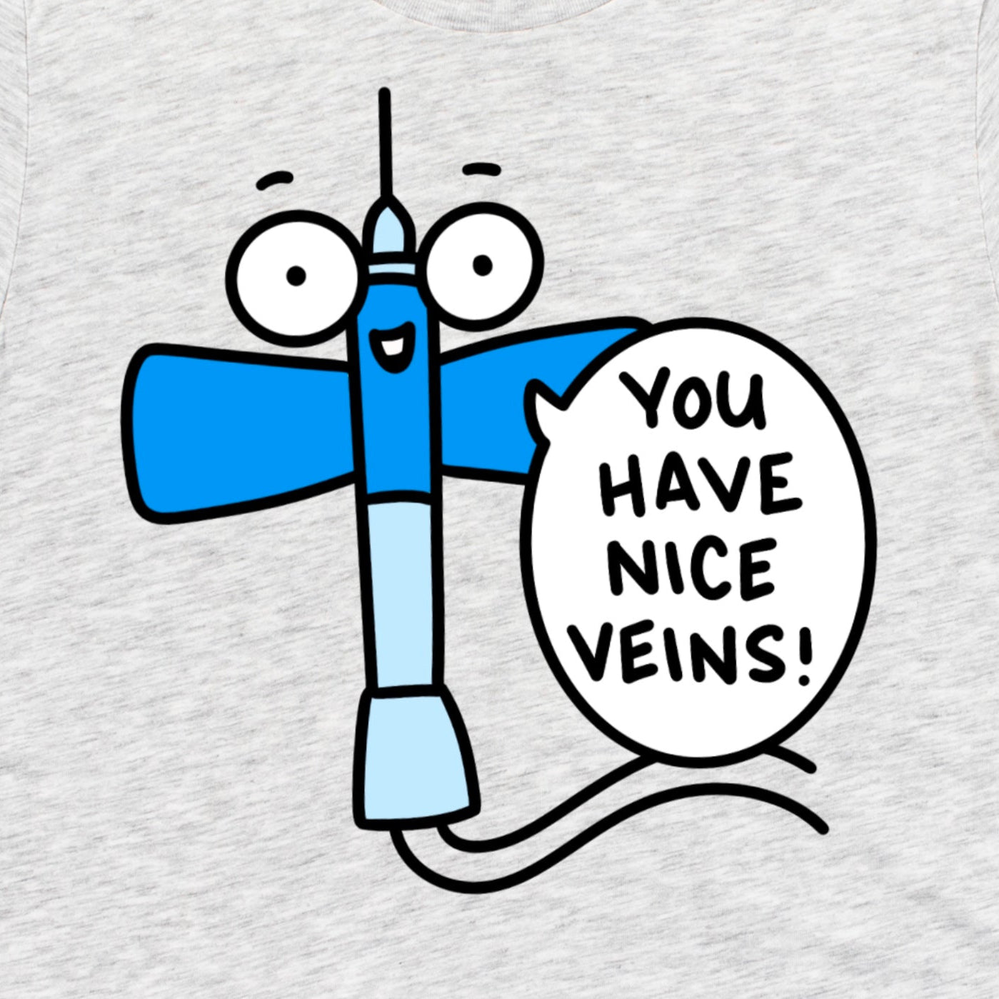 Close-up of Funny Phlebotomist Shirt design in Athletic Grey showing cartoon butterfly needle with phrase “You have nice veins!” by Kalirally