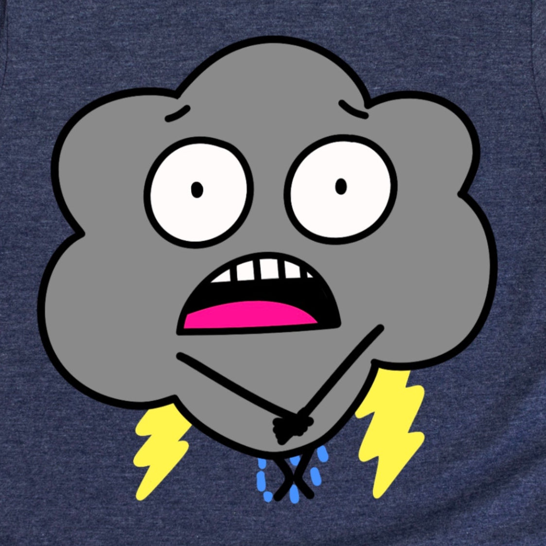 Close-up of Funny Weather Shirt in Heather Midnight Navy showing cartoon raincloud doing potty dance and trickling rain, by Kalirally