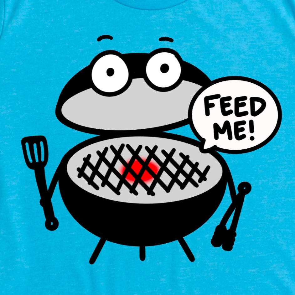 Close-up of Heather Aqua Grill T Shirt showing humorous BBQ graphic by Kalirally