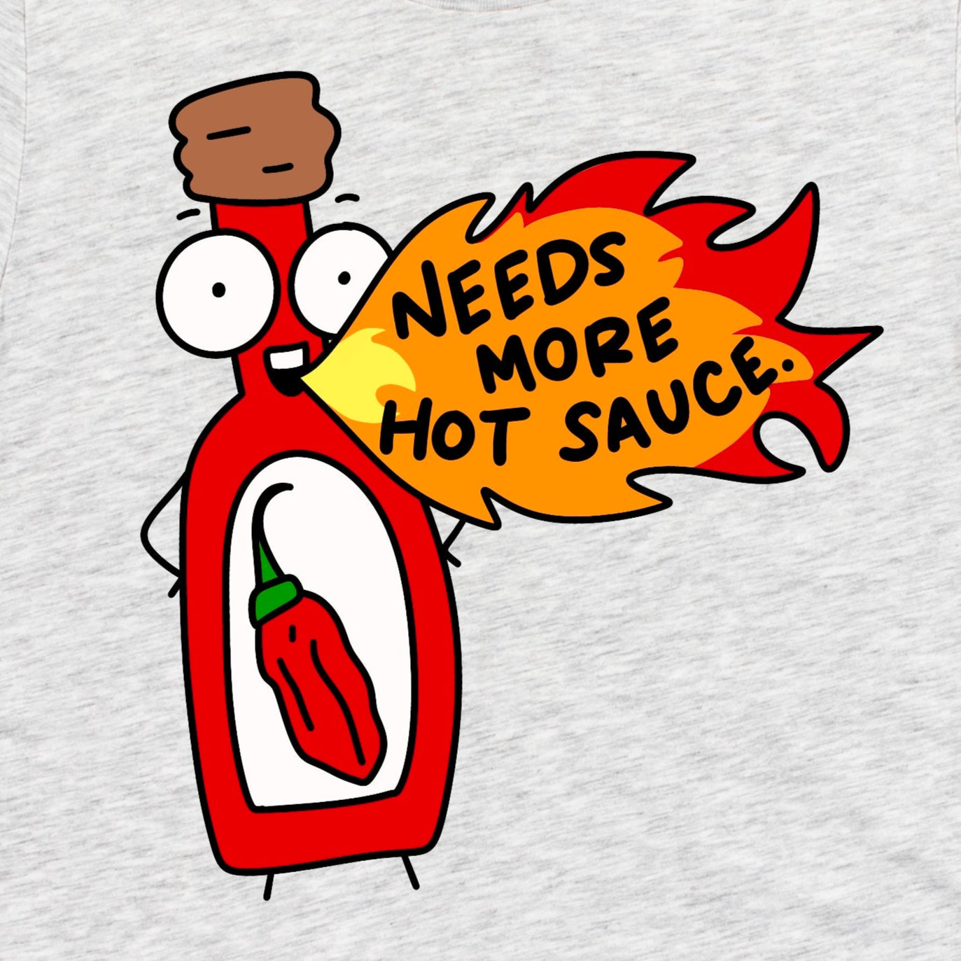 Close-up of Hot Sauce Shirt in Heather Ash showing cartoon hot sauce bottle and playful spicy food design, by Kalirally