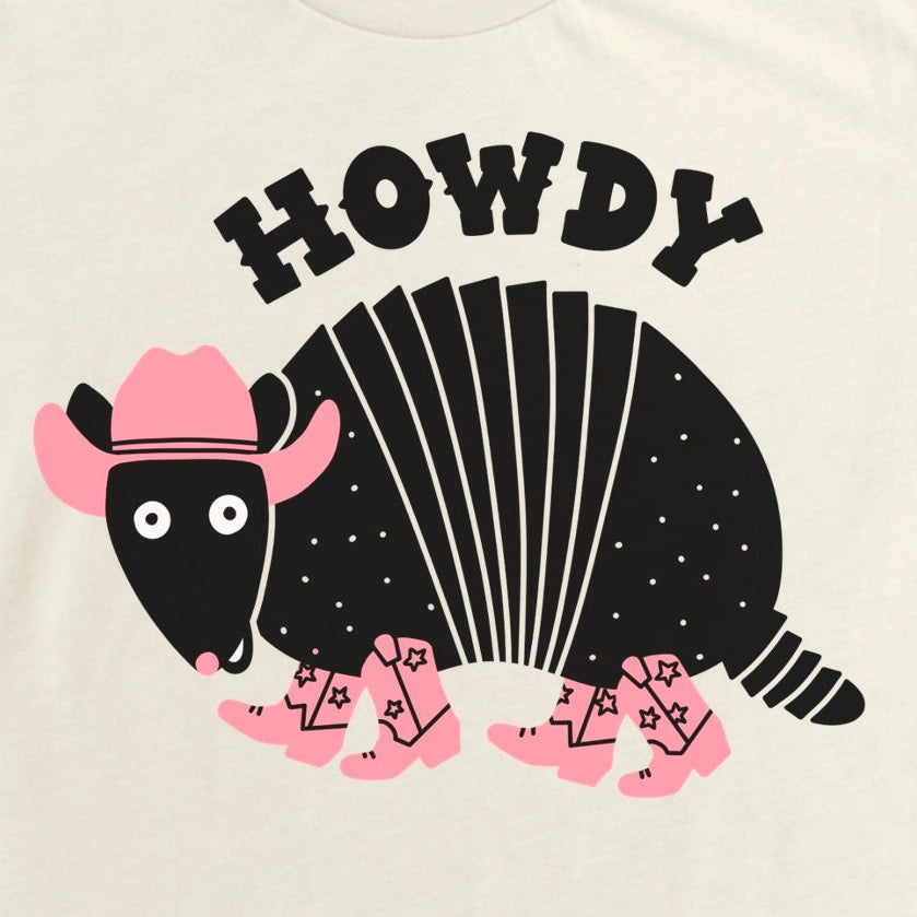 Close-up of Heather Dust armadillo shirt showing detailed cartoon armadillo and Howdy design by Kalirally