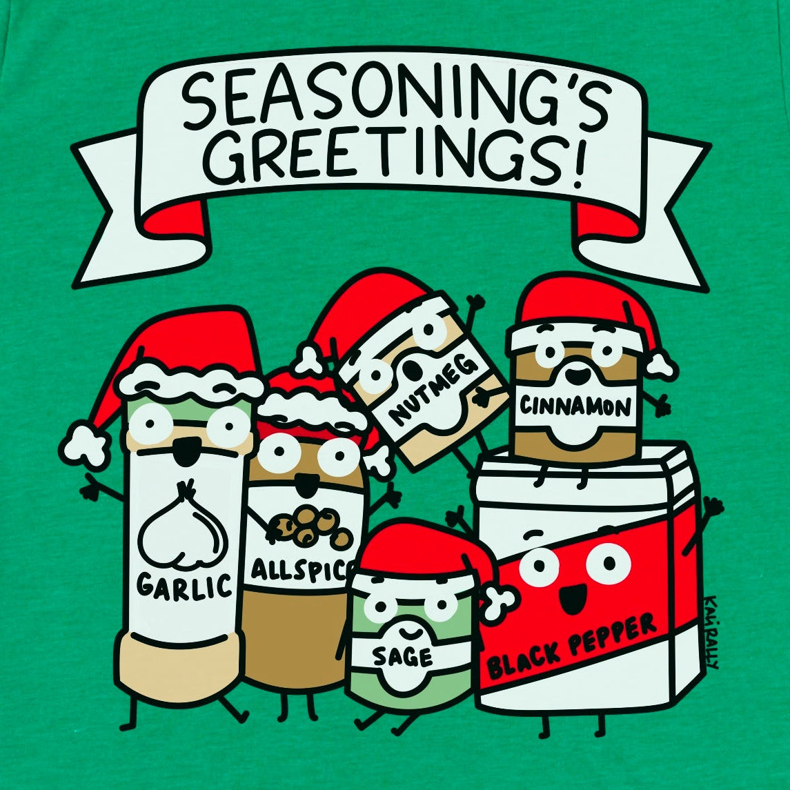 Close-up of Heather Green Christmas food pun shirt showing cartoon spices with Seasoning’s Greetings design by Kalirally
