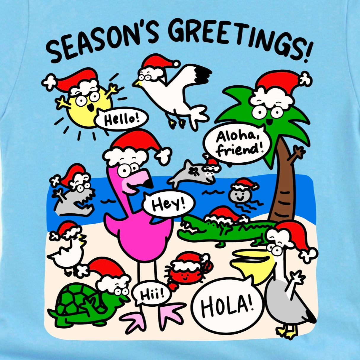 Close-up of Tropical Christmas Shirt in Ocean Blue showing detailed Florida beach scene with Santa, palm tree, critters, and festive “Season’s Greetings!” phrase, by Kalirally