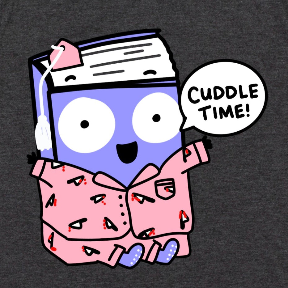 Close-up of True Crime Shirt in Heather Dark Grey showing cartoon book in pajamas with tiny bloody knives and “Cuddle Time!” design, by Kalirally