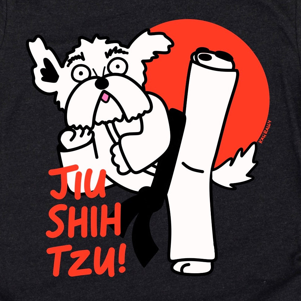 Close-up view of the Jiu Jitsu Shih Tzu graphic on a heather black shirt, showing crisp print detail, smooth texture, and vibrant cartoon artwork Kalirally