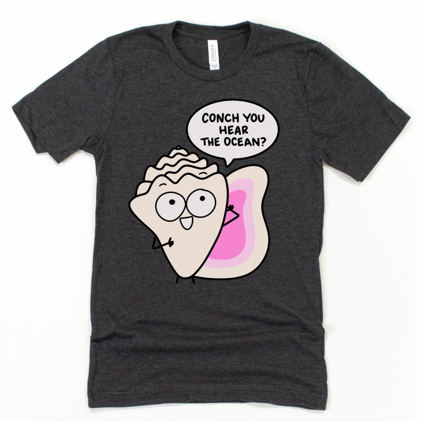 Relaxed-fit beach t-shirt with cartoon conch shell and humorous pun phrase, available in Heather Dark Grey by Kalirally