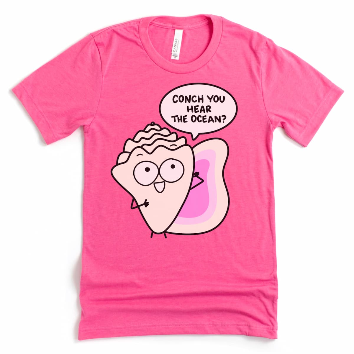Lighthearted beachwear tee featuring a cartoon conch shell and pun phrase, shown in Heather Charity Pink by Kalirally