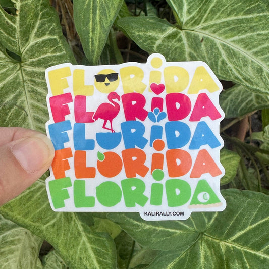 Colorful Florida sticker featuring “Florida” five times with sun, flamingo, waves, orange, and key lime pie, vibrant Sunshine State decal by Kalirally