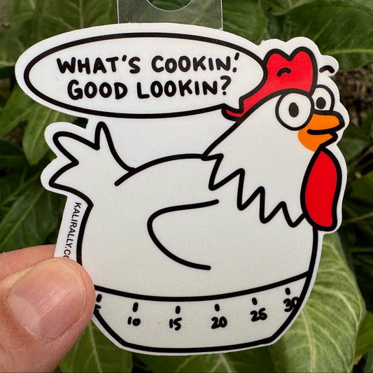 Cartoon chicken timer cooking sticker, fun kitchen decal for home chefs, Kalirally.