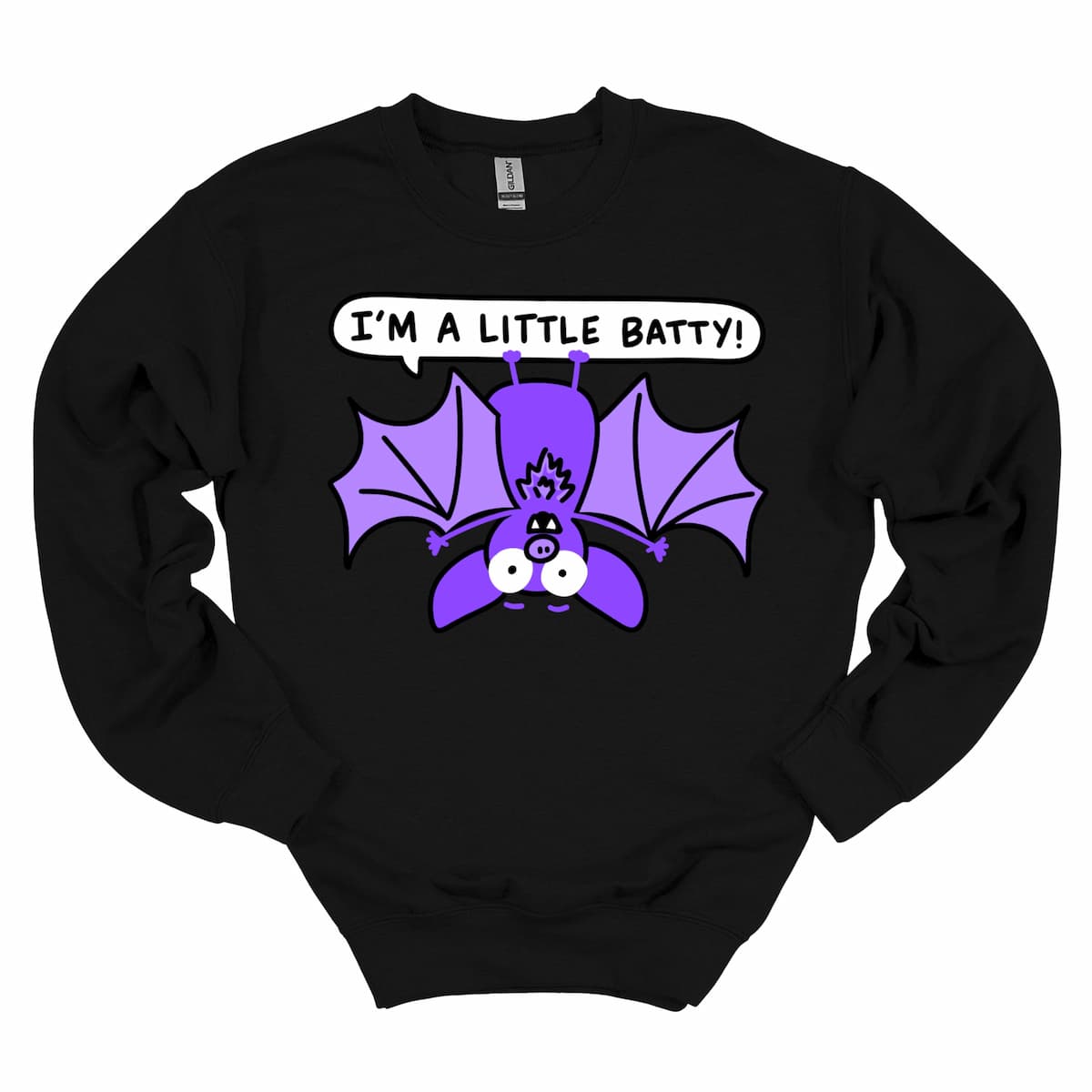 Black “I’m a Little Batty!” Cartoon Bat Cozy Halloween Sweatshirt, festive women’s pullover for school parties and fall nights – by Kalirally