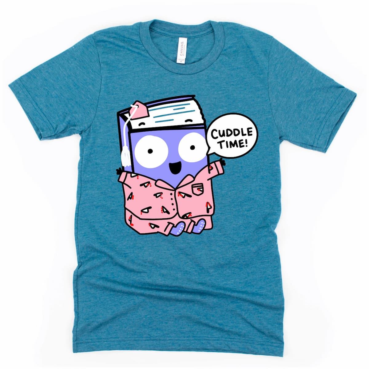 Crime Fiction Graphic Tee in Heather Deep Teal with cartoon pajama book holding tiny bloody knives and “Cuddle Time!” phrase, by Kalirally