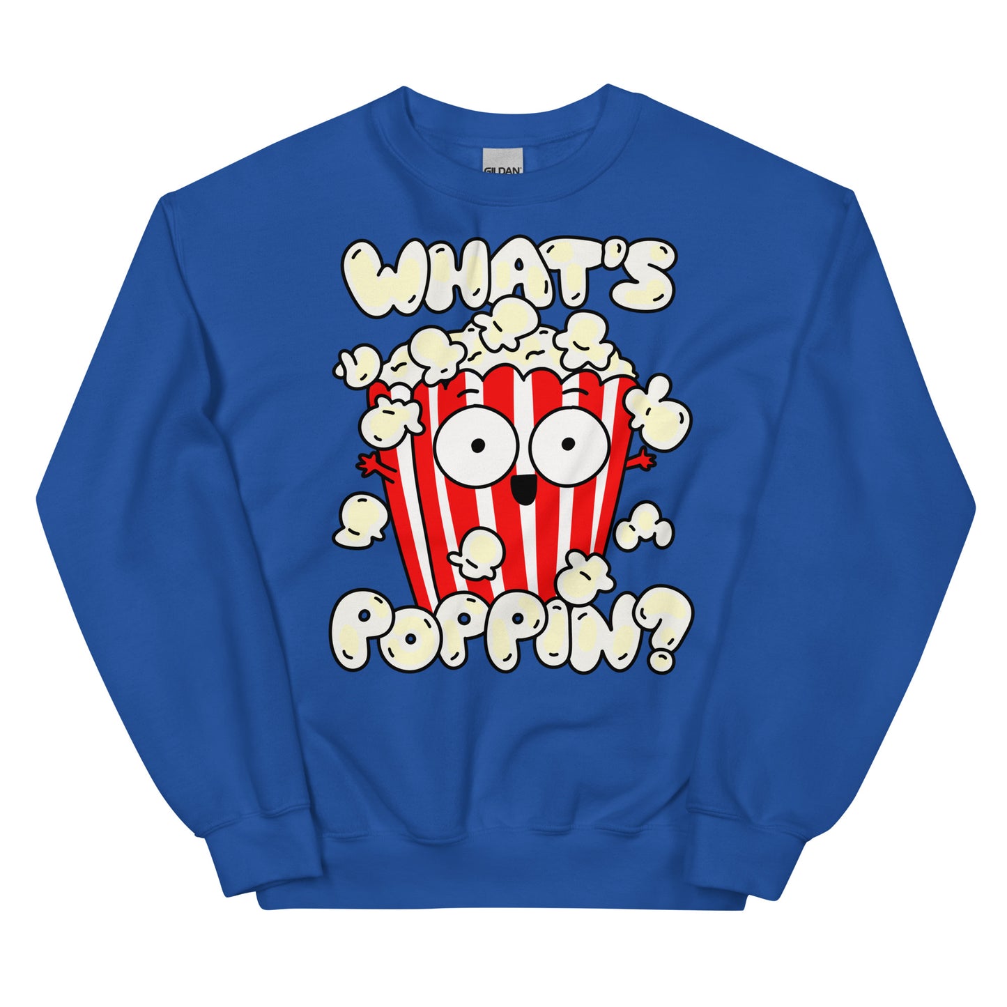 Keep warm and trendy with the Funny Popcorn Sweatshirt in Royal Blue! With its witty "What's poppin!?" design, this sweatshirt is a must-have for those who enjoy clever puns. Crafted from cozy materials, it's the ideal pick for a laid-back outing or a cozy night in.