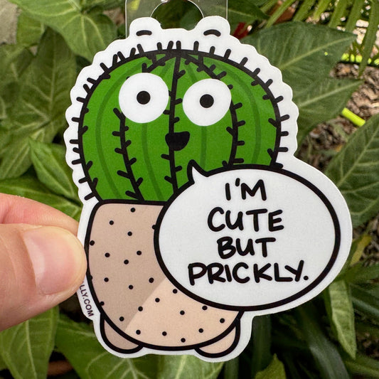 Cute Cactus Sticker with cartoon cactus and phrase “I'm cute but prickly,” plant mom decal by Kalirally.