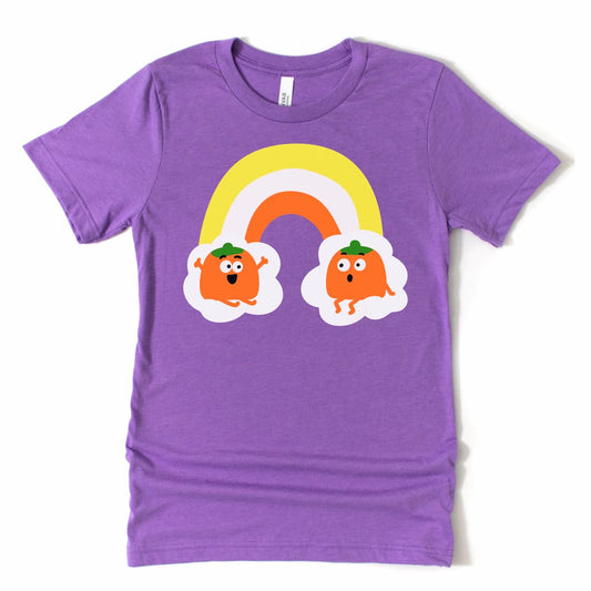 Cute candy corn pumpkin rainbow design on Heather Purple Halloween t shirt – soft and playful Halloween shirt for women