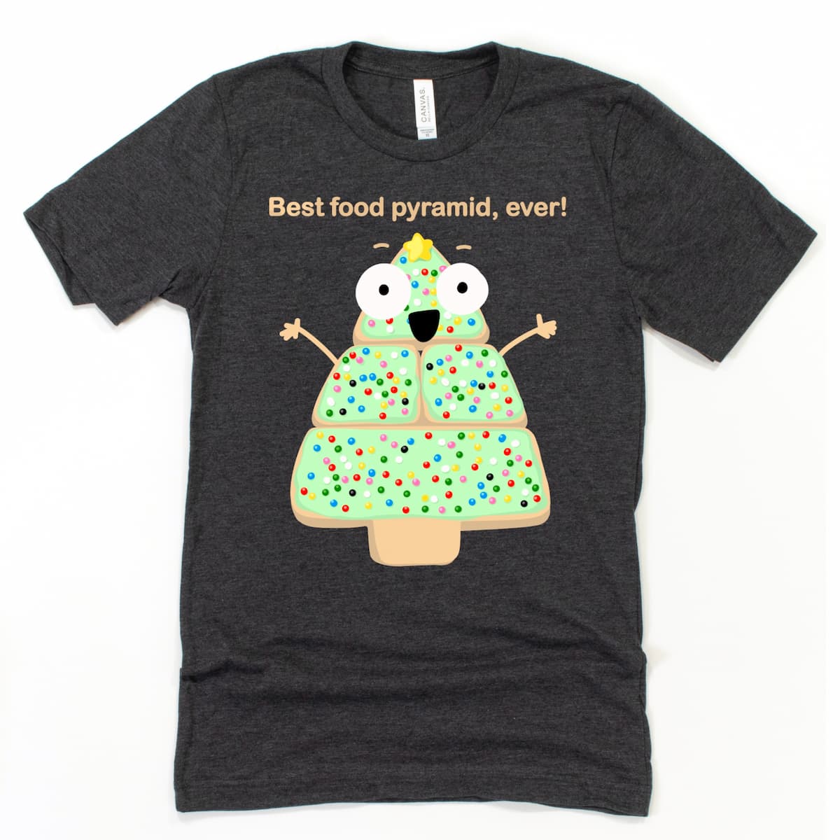 Heather Dark Grey Christmas Cookie Shirt featuring cookie character saying “Best Food Pyramid, Ever!” by Kalirally