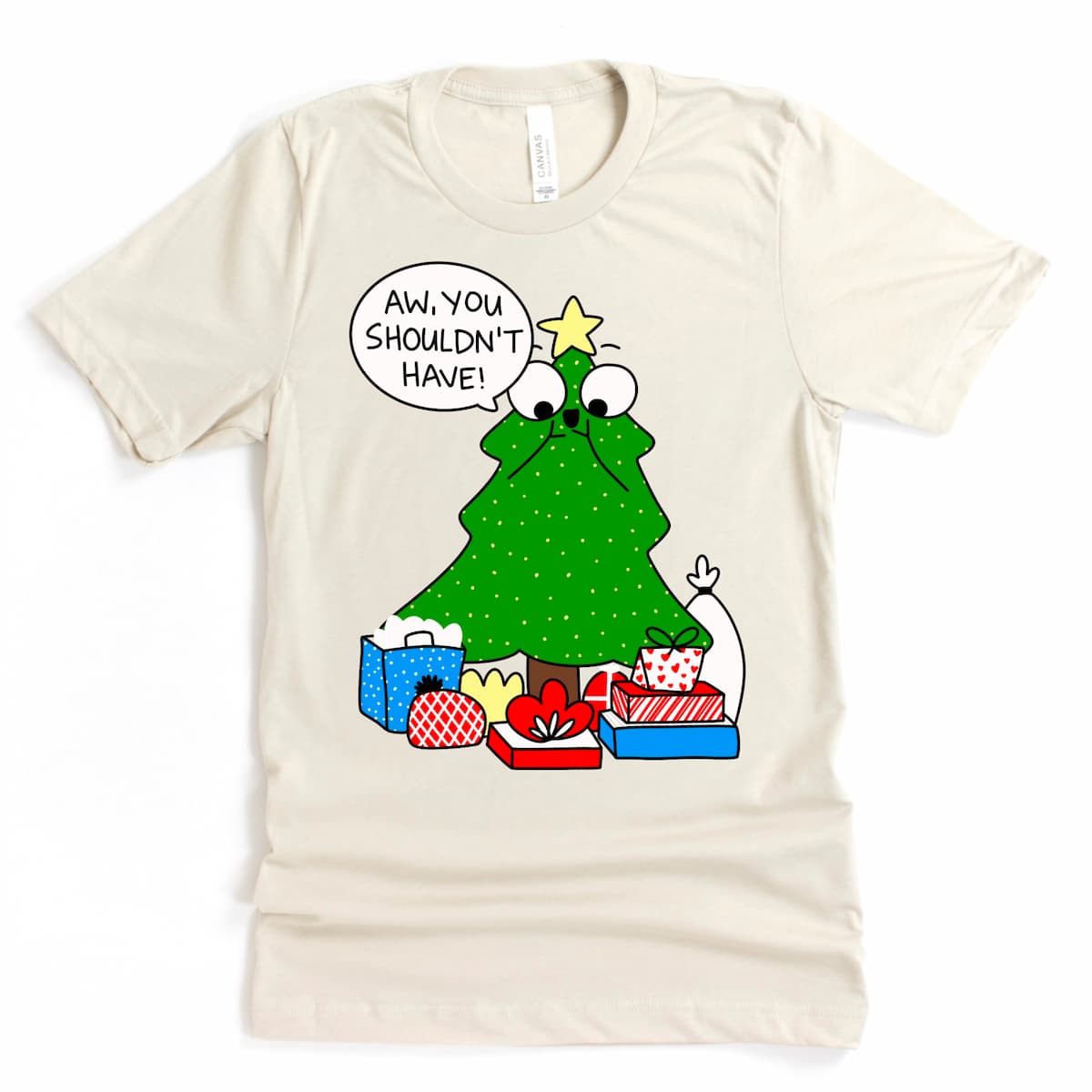 Heather Dust Christmas Tree Shirt featuring cartoon tree with gifts and funny holiday phrase, festive tee by Kalirally