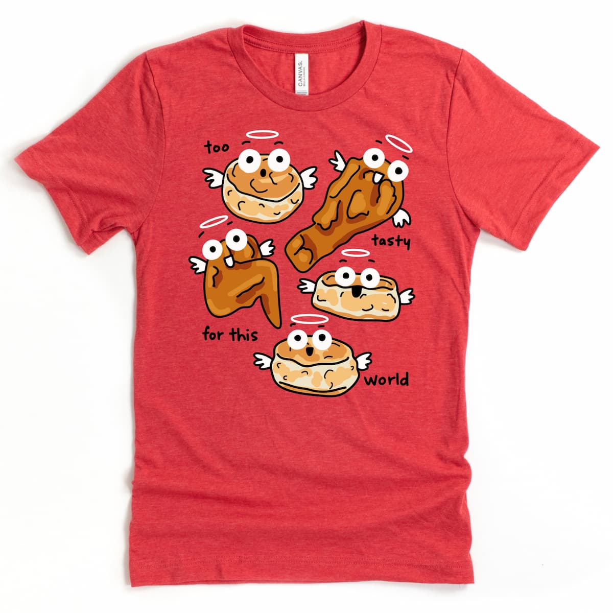 Heather Red Fried Chicken and Biscuits Shirt with angel-wing food characters and funny comfort food pun by Kalirally