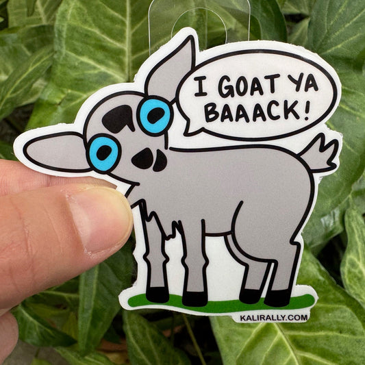 Playful water bottle sticker with cartoon goat – “I goat your back!” decal for water bottles and laptops by Kalirally