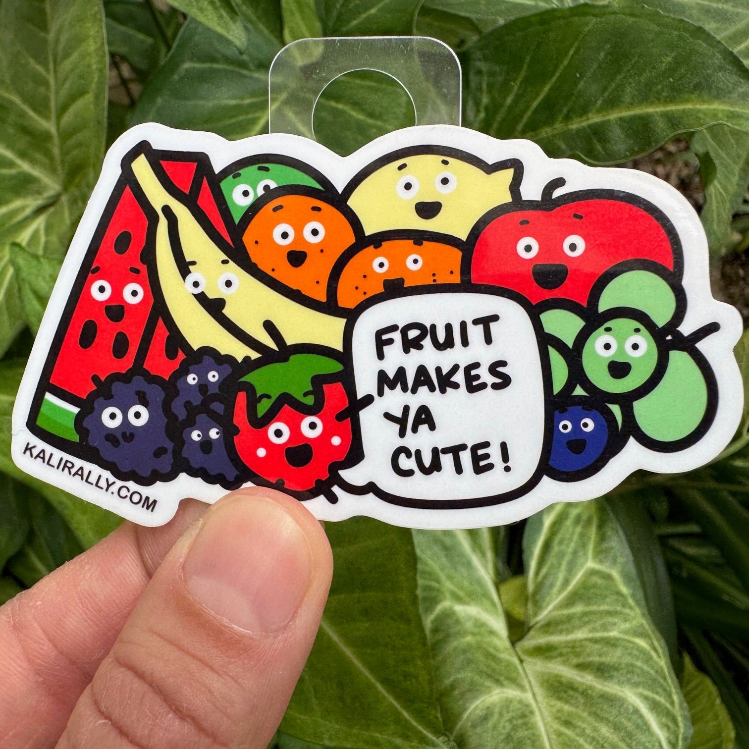 Cute Fruit Sticker with cartoon fruit characters and phrase “Fruit makes ya cute!” healthy eating decal by Kalirally