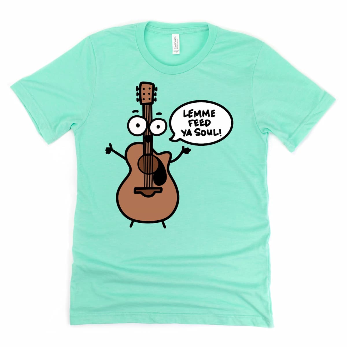 Heather Mint Green Guitar Shirt featuring cartoon acoustic guitar with “Lemme Feed Ya Soul!” quote, musician gift by Kalirally