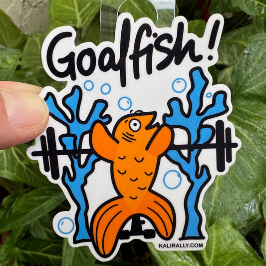 Cute 3x3" vinyl waterproof goldfish sticker with a barbell and exclamation, "Goalfish!" - funny workout sticker for journals, water bottles, and more, by Kalirally.