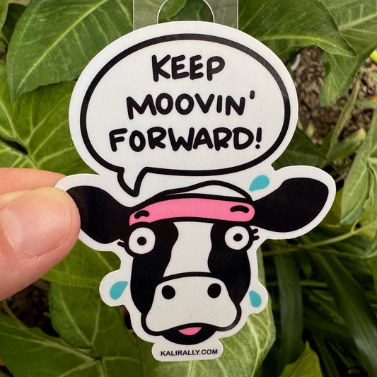Cute gym sticker with cartoon cow and “Keep Moovin’” workout design, motivational fitness decal for water bottles and laptops by Kalirally