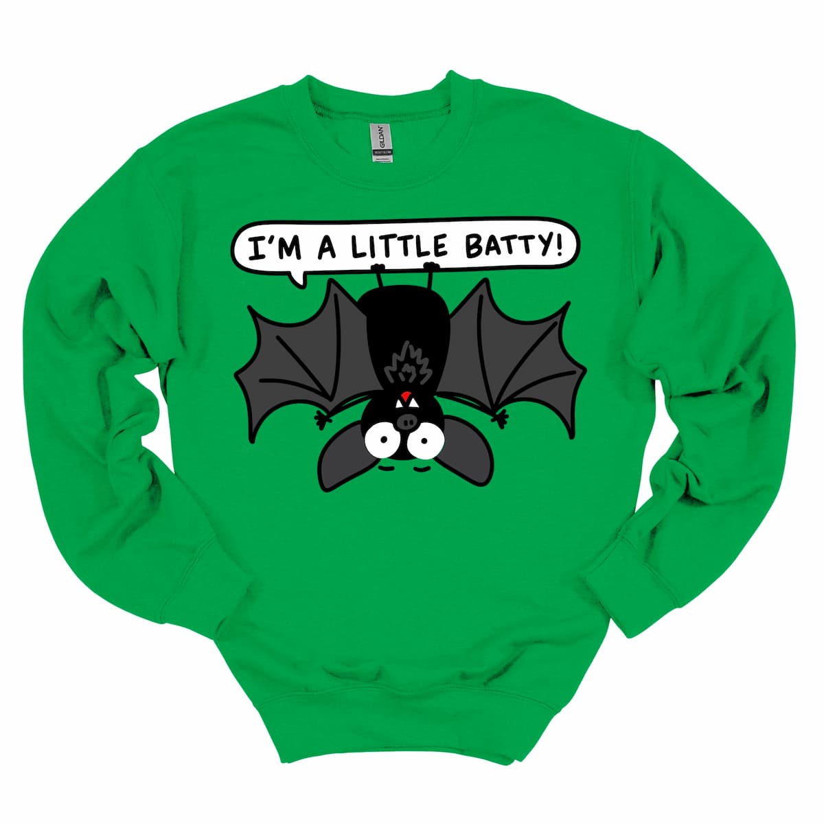 Kelly Green “I’m a Little Batty!” Cute Halloween Bat Sweatshirt, comfy women’s pullover for moms, teachers, and fall events – by Kalirally