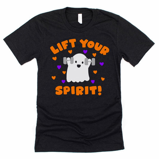 Flat lay mock up of a Halloween Gym Shirt on Heather Black unisex tee, a ghost doing shoulder presses and exclaiming "LIFT YOUR SPIRIT!", by Kalirally