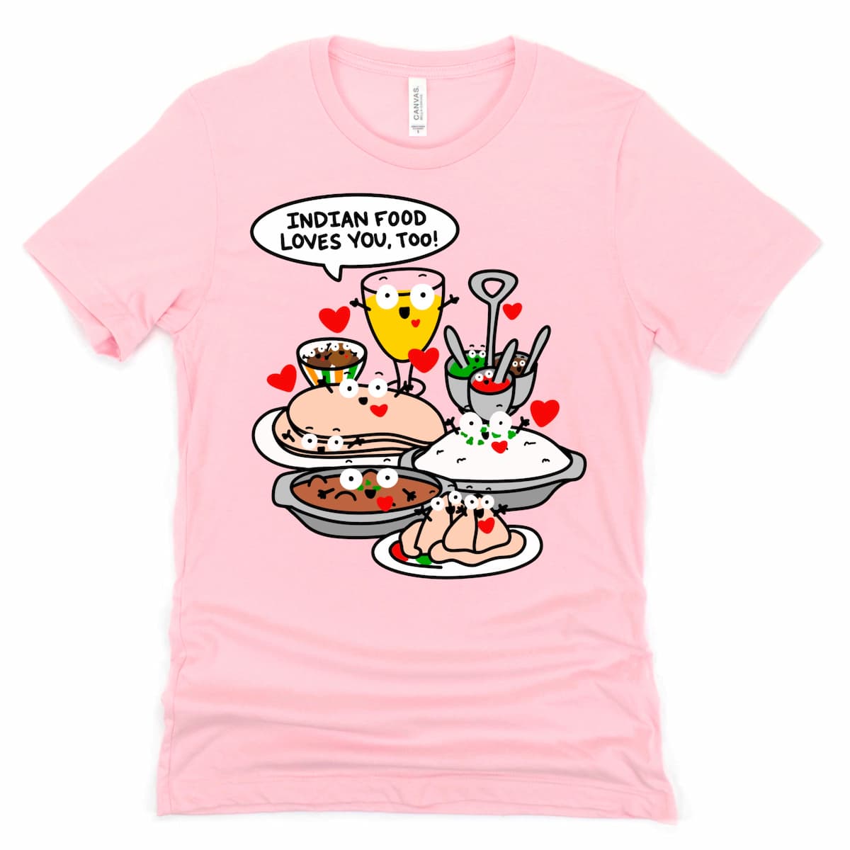 Cute Indian Food Shirt in Heather Pink with cartoon curry, mango lassi, samosas, rice and naan, gulab jamun and “Indian food loves you, too!” phrase, by Kalirally