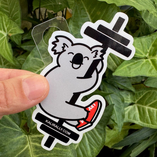 Cute koala barbell sticker with cartoon koala hugging a barbell, women’s lifting workout decal for water bottles and laptops by Kalirally